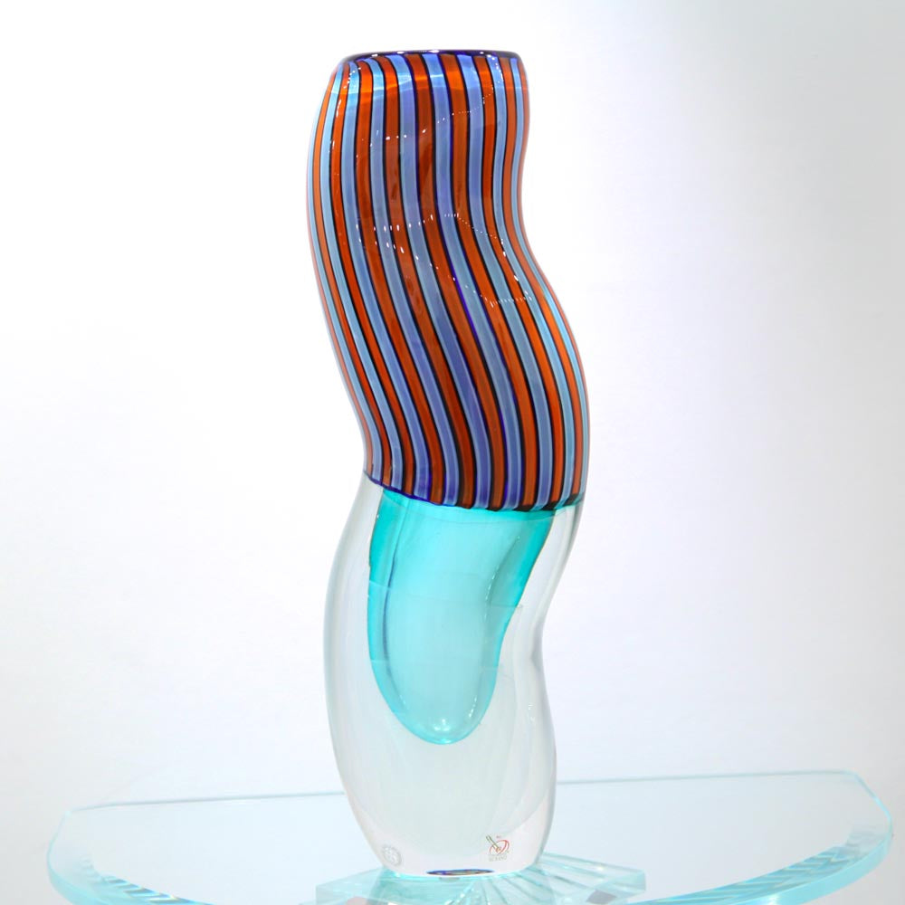 Blue and red stripes Vase - Murano blown glass