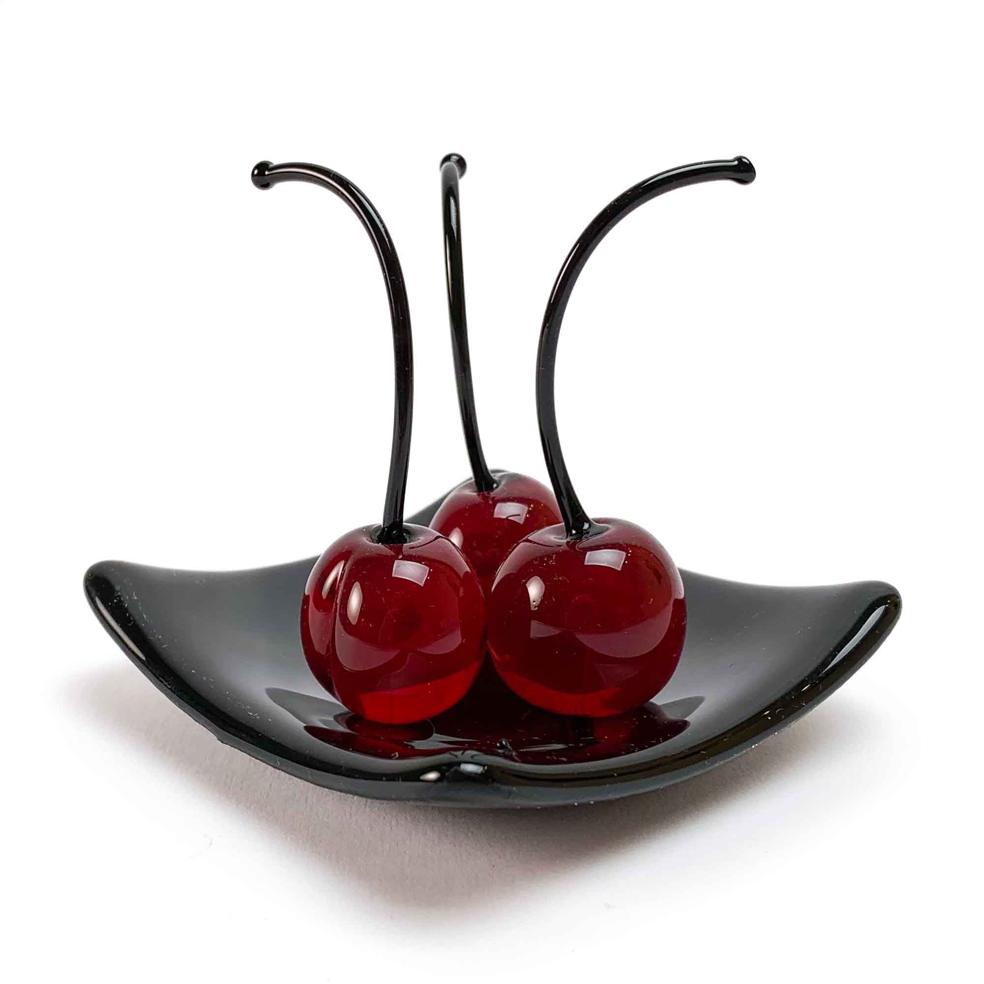 Set 3 Petites Cerises avec Assiette Carrée Noire "Amour et Elégance" - Verre de Murano