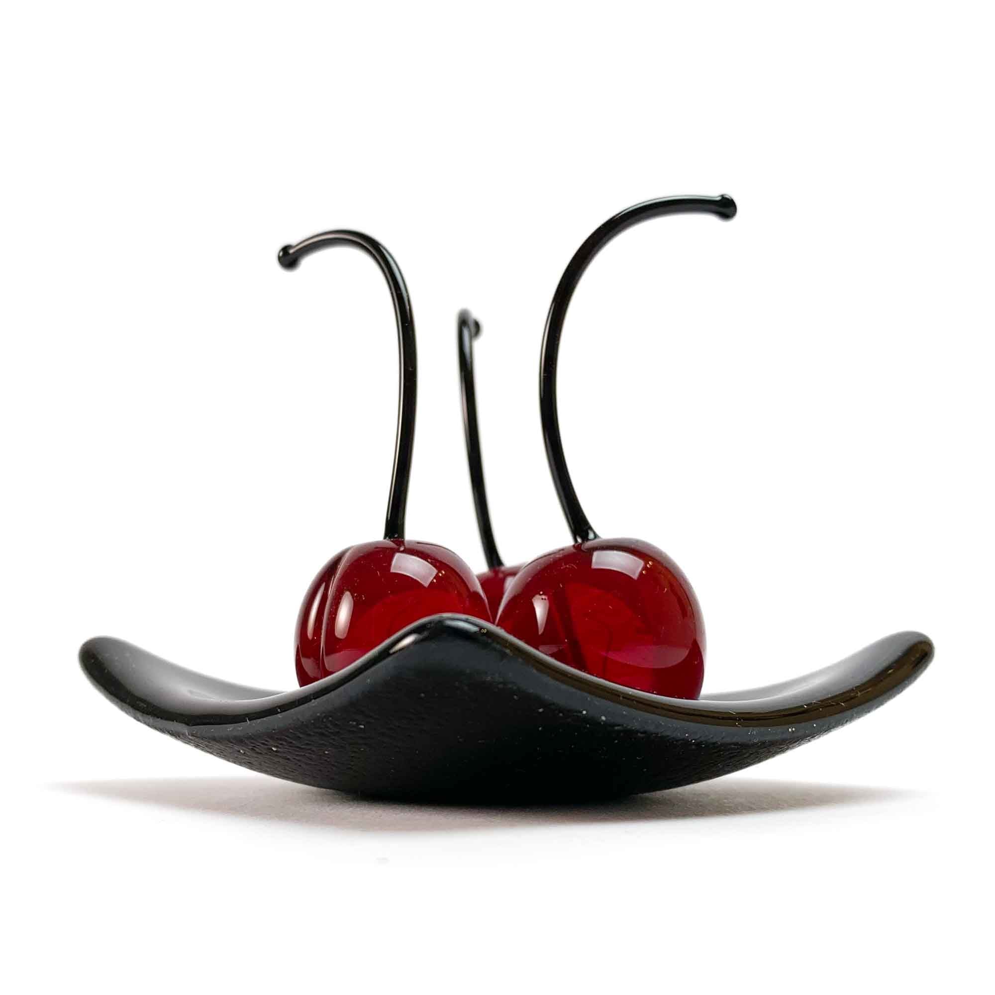 Set 3 Small Cherries with Black Square Plate "Love and Elegance" -  Murano Glass