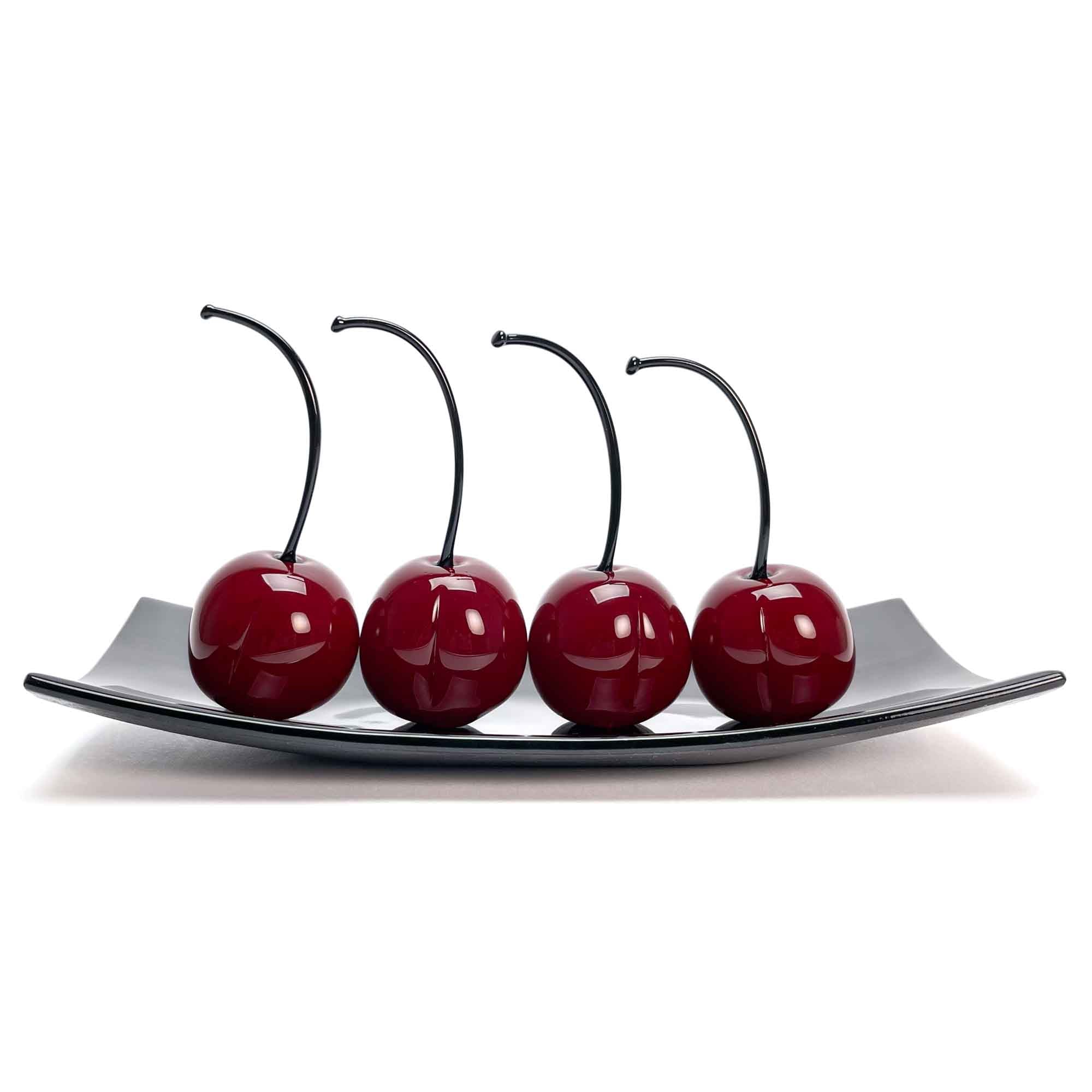 Set 4 Big Cherries with Black Plate "Love and Elegance" - Murano Glass