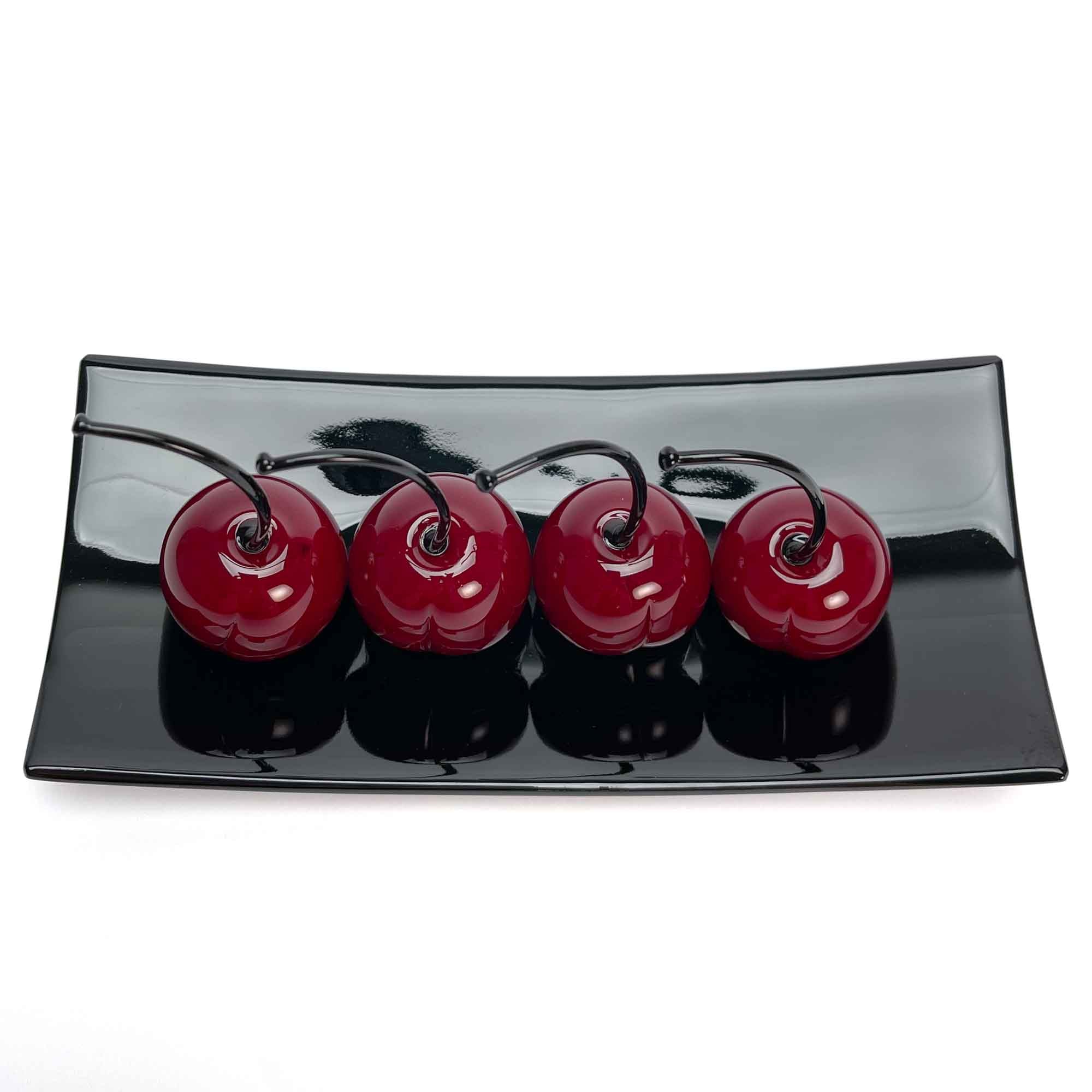 Set 4 Big Cherries with Black Plate "Love and Elegance" - Murano Glass