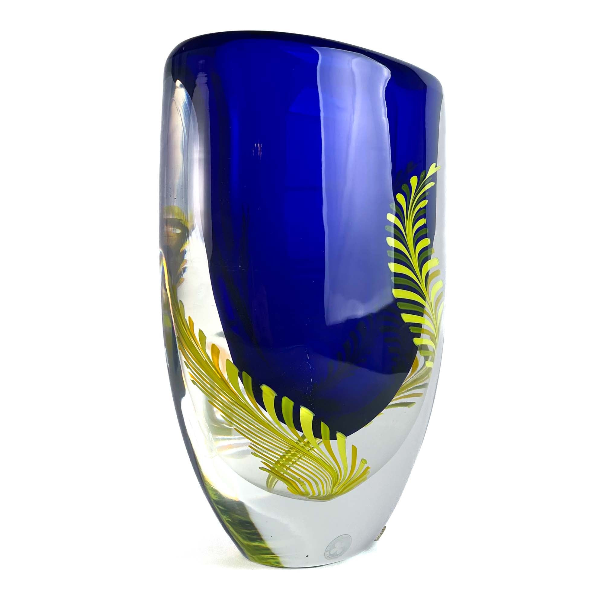 Vase Bleu avec Feuilles de Fougère - Verre de Murano