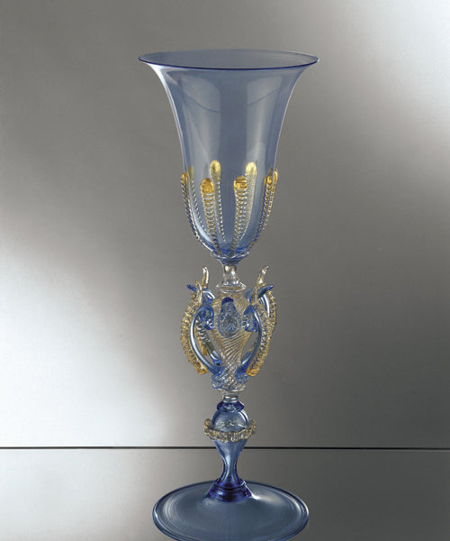 Gobelet tipetto bleu avec détails dorés - verre soufflé fabriqué à Murano