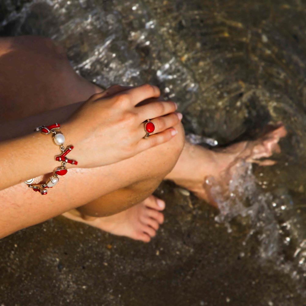 Silver bracelet with red coral